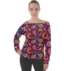 Paisley Purple Off Shoulder Long Sleeve Velour Top by designsbymallika