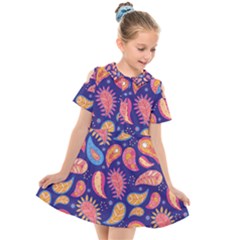 Blue Paisley Print 2 Kids  Short Sleeve Shirt Dress by designsbymallika