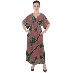 Tropical Style Floral Motif Print Pattern V-neck Boho Style Maxi Dress by dflcprintsclothing