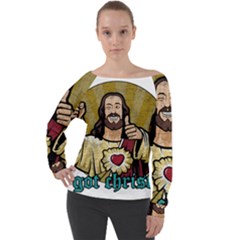 Buddy Christ Off Shoulder Long Sleeve Velour Top by Valentinaart