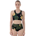 Tropical vintage yellow hibiscus floral green leaves seamless pattern black background. Racer Back Bikini Set View1