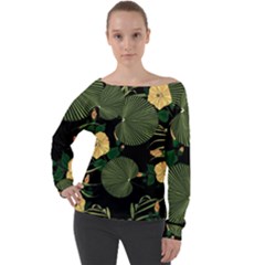 Tropical Vintage Yellow Hibiscus Floral Green Leaves Seamless Pattern Black Background  Off Shoulder Long Sleeve Velour Top by Sobalvarro