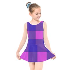 Blue And Pink Buffalo Plaid Check Squares Pattern Kids  Skater Dress Swimsuit by yoursparklingshop