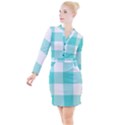 Turquoise And White Buffalo Check Button Long Sleeve Dress View1