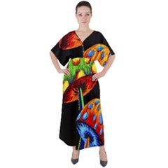 Mushroom Painting  V-neck Boho Style Maxi Dress by AstralArtistV