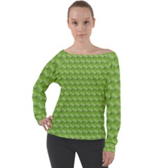 Green Pattern Ornate Background Off Shoulder Long Sleeve Velour Top by Dutashop