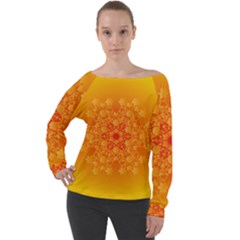 Fractal Yellow Orange Off Shoulder Long Sleeve Velour Top by Dutashop