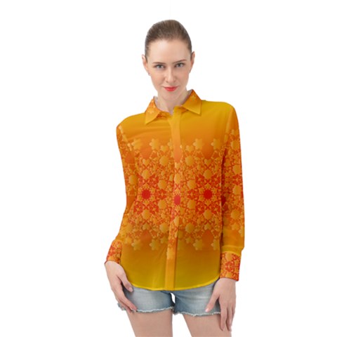 Fractal Yellow Orange Long Sleeve Chiffon Shirt by Dutashop