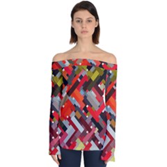 Maze Abstract Texture Rainbow Off Shoulder Long Sleeve Top by Dutashop