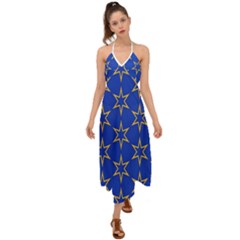 Star Pattern Blue Gold Halter Tie Back Dress  by Dutashop