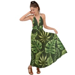 Green Tropical Leaves Backless Maxi Beach Dress by goljakoff