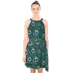 Watercolor Peacock Feather Pattern Halter Collar Waist Tie Chiffon Dress by ExtraAwesomeSauce