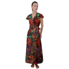 Boho Hippie Trippy Floral Pattern Flutter Sleeve Maxi Dress by CrypticFragmentsDesign