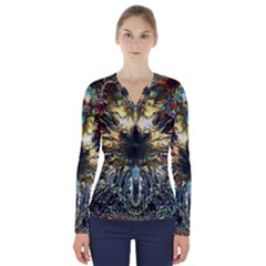 Multicolor Floral Art Copper Patina  V-neck Long Sleeve Top by CrypticFragmentsDesign