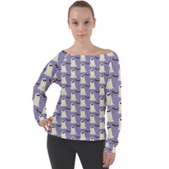 Halloween Ghost Bat Off Shoulder Long Sleeve Velour Top by Dutashop