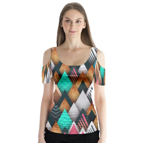 Abstract Triangle Tree Butterfly Sleeve Cutout Tee  by Dutashop