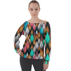 Abstract Triangle Tree Off Shoulder Long Sleeve Velour Top by Dutashop