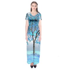 Crystal Blue Tree Short Sleeve Maxi Dress by icarusismartdesigns