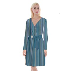 Multicolored Stripes On Blue Long Sleeve Velvet Front Wrap Dress by SychEva