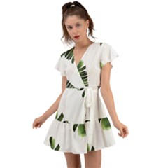 Green Banana Leaves Flutter Sleeve Wrap Dress by goljakoff