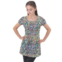 Multicolored Watercolor Stones Puff Sleeve Tunic Top by SychEva