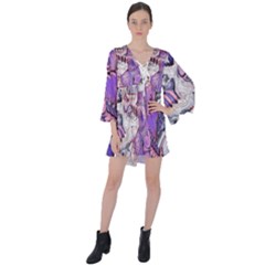 Blooming Lilacs Spring Garden Abstract V-neck Flare Sleeve Mini Dress by CrypticFragmentsDesign