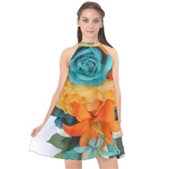 Spring Flowers Halter Neckline Chiffon Dress  by LW41021