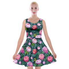 Delicate Watercolor Peony Velvet Skater Dress by SychEva