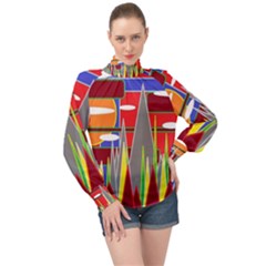 Forrest Sunset High Neck Long Sleeve Chiffon Top by LW323