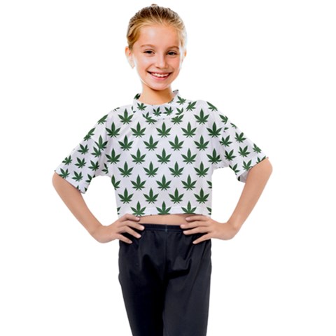 Weed At White, Ganja Leafs Pattern, 420 Hemp Regular Theme Kids Mock Neck Tee by Casemiro