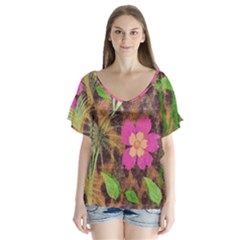 Jungle Floral V-neck Flutter Sleeve Top by PollyParadise