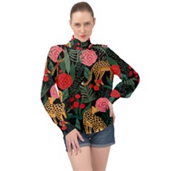 Leopardrose High Neck Long Sleeve Chiffon Top by PollyParadise