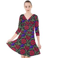 Spanish Passion Floral Pattern Quarter Sleeve Front Wrap Dress by gloriasanchez