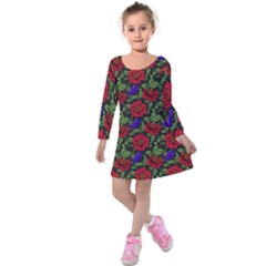 Spanish Passion Floral Pattern Kids  Long Sleeve Velvet Dress by gloriasanchez