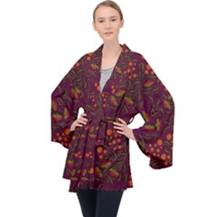 Folk Floral Art Pattern  Flowers Abstract Surface Design  Seamless Pattern Long Sleeve Velvet Kimono  by Eskimos