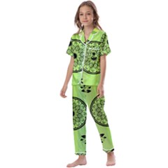 Green Grid Cute Flower Mandala Kids  Satin Short Sleeve Pajamas Set by Magicworlddreamarts1