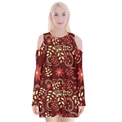 Folk Flowers Art Pattern Floral Abstract Surface Design  Seamless Pattern Velvet Long Sleeve Shoulder Cutout Dress by Eskimos