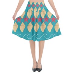 Starfish And Seashells  Sea Flared Midi Skirt by SychEva