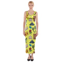 Tropical Island Tiki Parrots, Mask And Palm Trees Fitted Maxi Dress by DinzDas