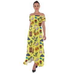 Tropical Island Tiki Parrots, Mask And Palm Trees Off Shoulder Open Front Chiffon Dress by DinzDas