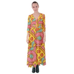 Fast Food Pizza And Donut Pattern Button Up Maxi Dress by DinzDas