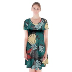 Tropical Autumn Leaves Short Sleeve V-neck Flare Dress by tmsartbazaar