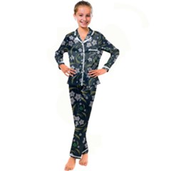 Folk Flowers Pattern Floral Surface Design Kid s Satin Long Sleeve Pajamas Set by Eskimos