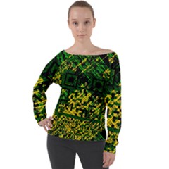 Root Humanity Bar And Qr Code Green And Yellow Doom Off Shoulder Long Sleeve Velour Top by WetdryvacsLair