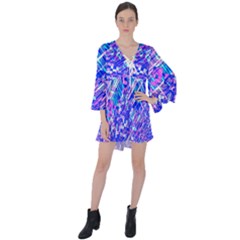 Root Humanity Bar And Qr Code Combo In Purple And Blue V-neck Flare Sleeve Mini Dress by WetdryvacsLair