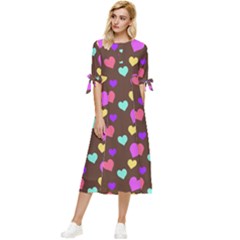 Colorfull Hearts On Choclate Bow Sleeve Chiffon Midi Dress by Daria3107