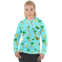 Turtle And Palm On Blue Pattern Women s Overhead Hoodie by Daria3107