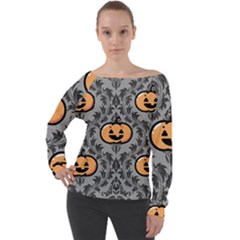 Pumpkin Pattern Off Shoulder Long Sleeve Velour Top by NerdySparkleGoth