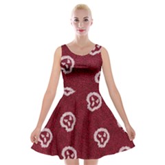 White Skulls On Red Shiny Background Velvet Skater Dress by SychEva