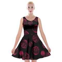 Red Sponge Prints On Black Background Velvet Skater Dress by SychEva